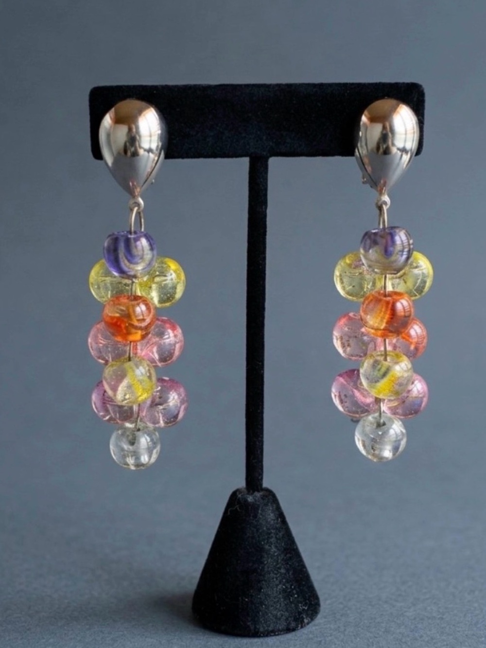 VTG 1970s Lucite Bubble Cluster Clip On Earrings Pastel Rainbow Waterfall Drop